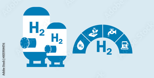 Blue hydrogen fuel production icons, hydrogen water, H2, solar energy, wind turbines and various other blue and white icons.