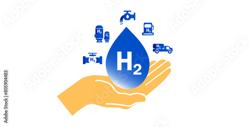 Blue hydrogen fuel production icon. Water hydrogen H2 solar energy. and various blue icons Vector illustration