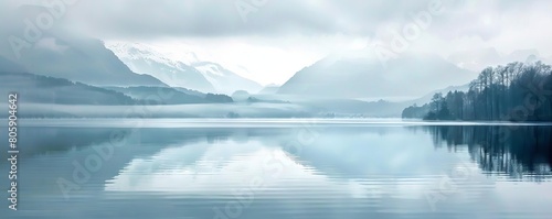 A peaceful lakeside view through frosted glass  where the water and distant mountains blend into soft shapes