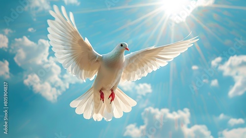 A white dove flaps its wings in the blue sky, with clouds and sunshine behind it. The picture is bright and clean, with a sense of freedom and calmness. White doves symbolize peace and tranquility photo
