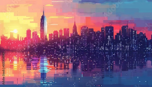 A pixelated image of a city skyline at sunset  blending the digital and natural with retro colors