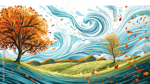 A wind icon with swirling gusts indicating windy weather and blustery conditions with gusts of wind bending trees and blowing leaves in all directions conveying the strength and force of the wind photo