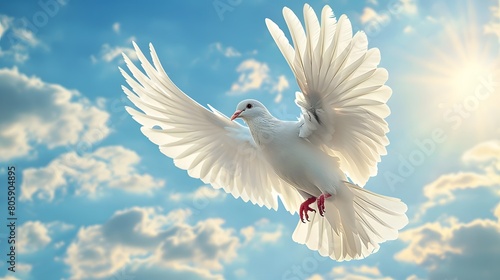 A white dove flaps its wings in the blue sky, with clouds and sunshine behind it. The picture is bright and clean, with a sense of freedom and calmness. White doves symbolize peace and tranquility