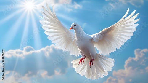 A white dove flaps its wings in the blue sky, with clouds and sunshine behind it. The picture is bright and clean, with a sense of freedom and calmness. White doves symbolize peace and tranquility photo