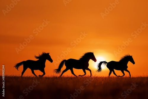 Silhouette of running horses against a sunset background 