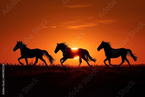 Silhouette of running horses against a sunset background  © Tatiana