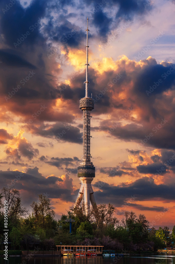 landmark of television is a TV tower in Tashkent in Uzbekistan under a blue clear sky in spring