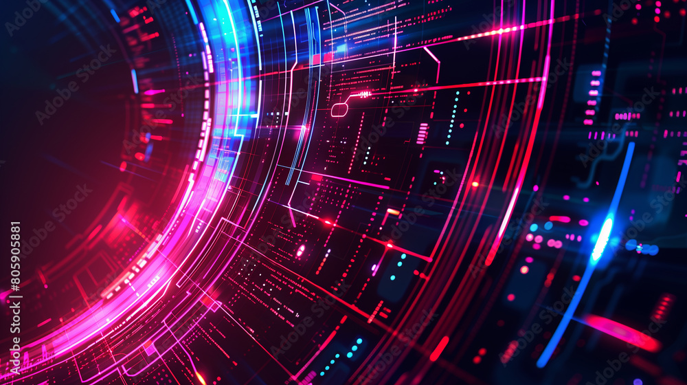 Fototapeta premium Futuristic technology abstract background with a glowing neon outline, tech background 