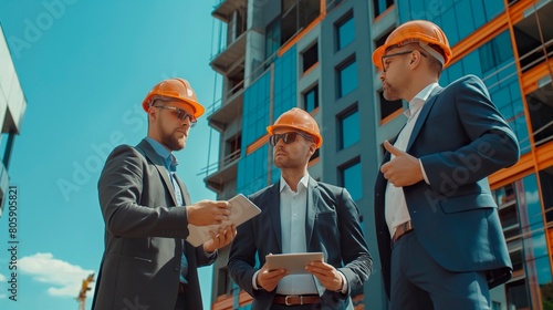 Builders, engineers, and architects in business suits and protective construction helmets are discussing a development plan against the background of the construction of buildings.