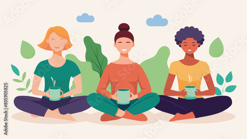 Sitting crosslegged eyes closed participants breathe deeply as they take in the calming aroma of freshly brewed herbal tea.. Vector illustration