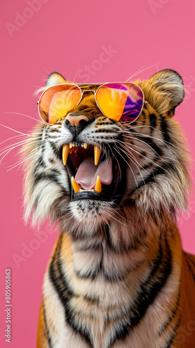 Close up of a sunglasseswearing Bengal tiger with a pink background. Generative AI photo