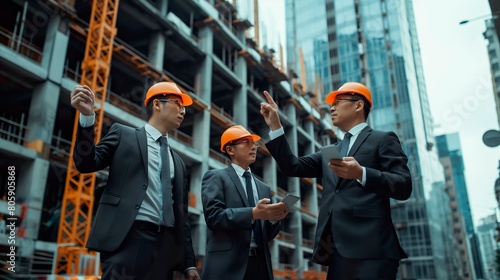 Builders, engineers, and architects in business suits and protective construction helmets are discussing a development plan against the background of the construction of buildings.