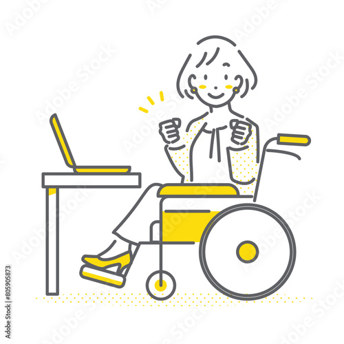 笑顔で働く車椅子の女性　シンプルでお洒落な線画イラスト
