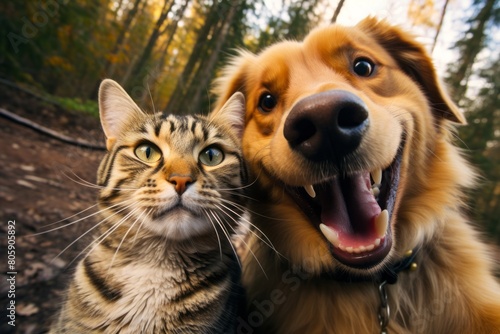 Cheerful comical dog with a cat take a selfie on camera  