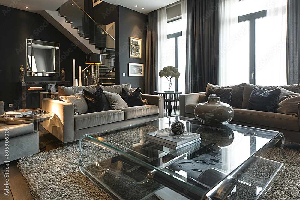 Under-table perspective in a chic living room with charcoal-colored walls and metal accents.