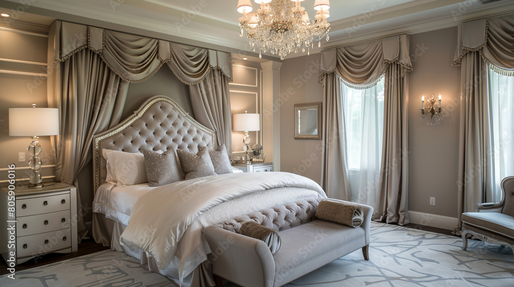Elegant master bedroom with silk draperies and a crystal chandelier. Elegant master bedroom with silk draperies and a crystal chandelier.