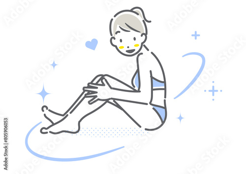 キレイな肌の状態に満足な若い女性　シンプルでお洒落な線画イラスト