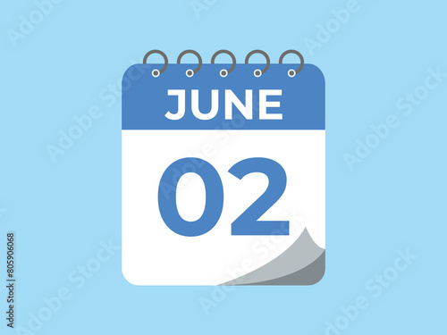June 2 calendar reminder. 2 June daily calendar icon template. Calendar 2 June icon Design template. Vector illustration
