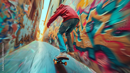 Skateboarder's Rapid Glide through Graffiti Alley