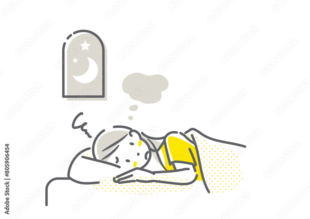 Obraz premium 不眠に悩む若い女性 シンプルでお洒落な線画イラスト