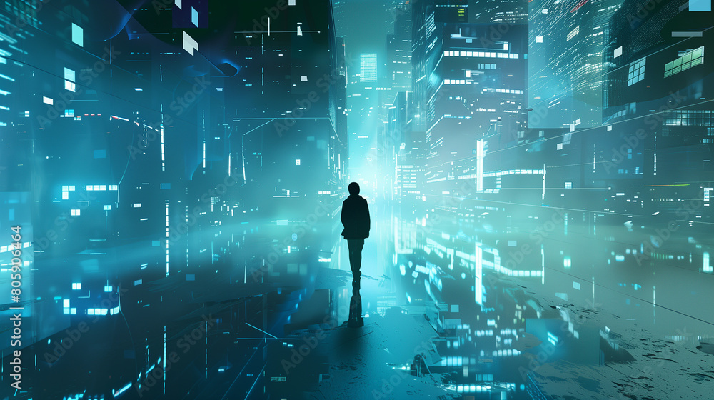 Silhouette in Virtual Reality City - A lone silhouette walks in a digitally enhanced city, depicting themes of future urban life and virtual reality. Silhouette in Virtual Reality City - A lone silhouette walks in a digitally enhanced city, depicting themes of future urban life and virtual reality.