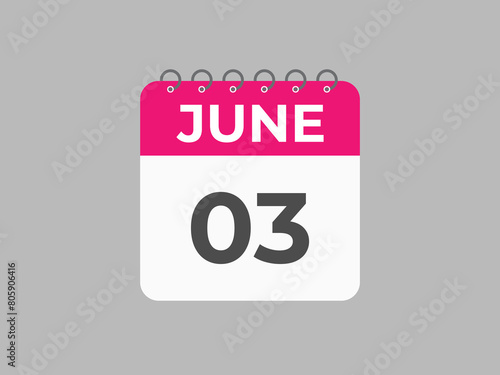 June 3 calendar reminder. 3 June daily calendar icon template. Calendar 3 June icon Design template. Vector illustration
