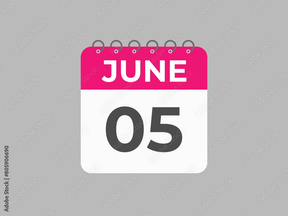 June 5 calendar reminder. 5 June daily calendar icon template. Calendar 5 June icon Design template. Vector illustration
June 5 calendar reminder. 5 June daily calendar icon template. Calendar 5 June icon Design template. Vector illustration