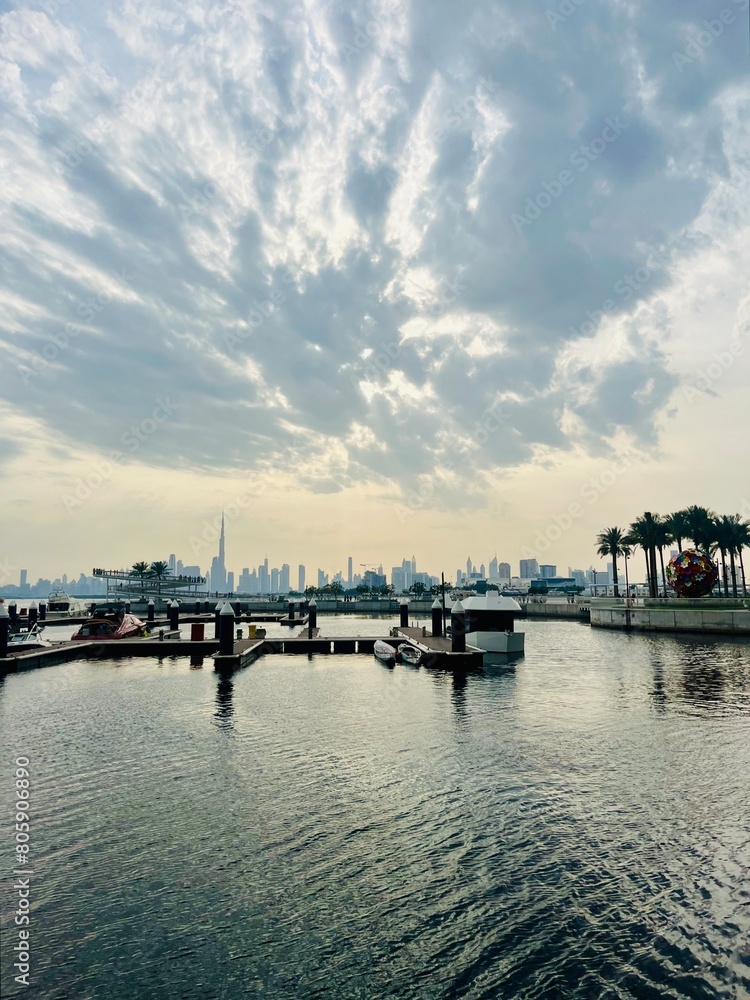 Modern city harbor with buildings and skyscrapers silhouette background