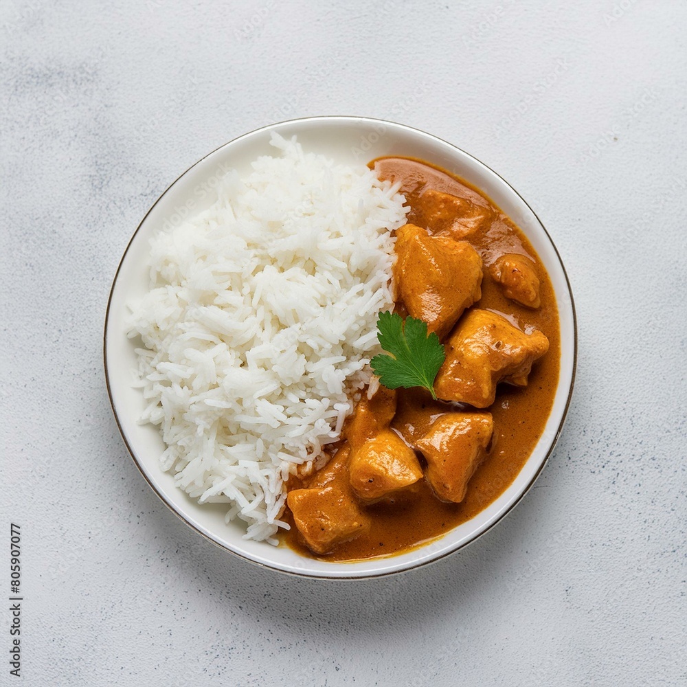 Traditional Indian Butter Chicken with Rice Creamy Indian Chicken Curry on White Background Traditional Indian Butter Chicken with Rice Creamy Indian Chicken Curry on White Background