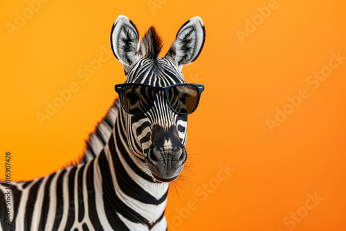 Fawn zebra with sunglasses on grassland  painted in a closeup art style. Generative AI