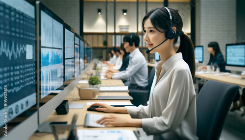 コールセンターで仕事をするインカムを付けた笑顔の日本人女性