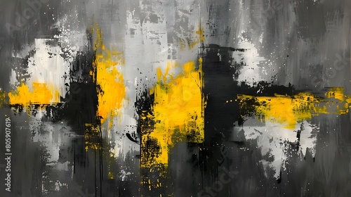 Abstract gray and yellow painting, with blurred brushstrokes. The background is dark grey, creating an atmosphere of mystery or melancholy.