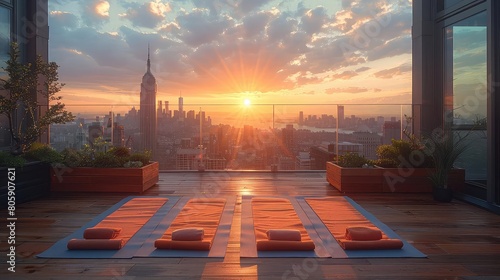 New York City skyline at sunrise from a rooftop yoga studio. The warm orange and yellow colors of the sky and the city lights create a beautiful and peaceful scene.