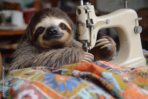 Threetoed sloth beside a sewing machine on a blanket. Generative AI photo