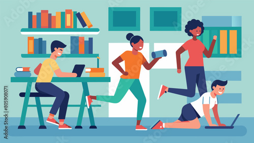 As part of a study session students participate in a brief circuit training workout between reading and research sessions in the library.. Vector illustration