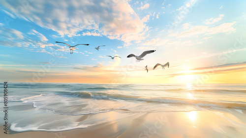 A flock of seagulls soars gracefully over a tranquil beach at sunset  their wings outstretched as they glide on the gentle ocean breeze. The leading seagull descends towards the sandy shore  symbolize