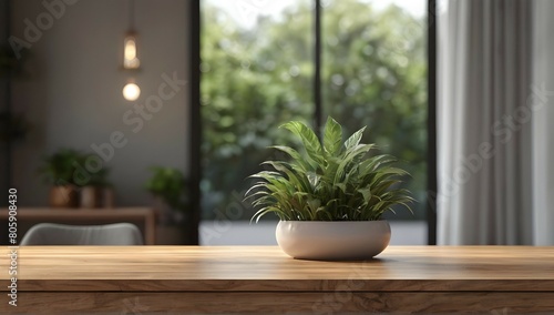 3d wooden table with blurred background from plant window generative