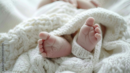baby feet in soft focus, wrapped in a fluffy white blanket © otter2