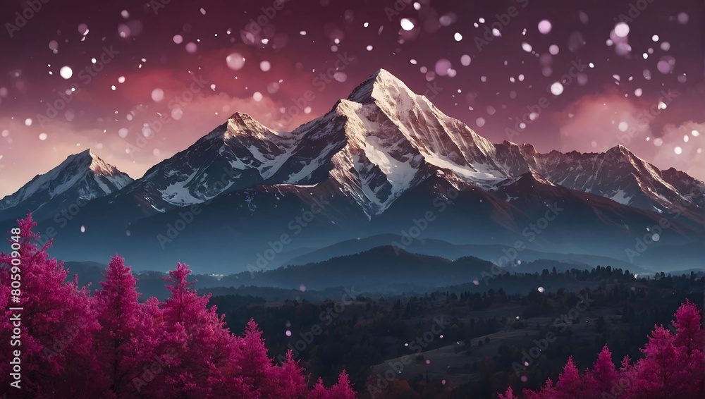 Magenta Mountain Landscape with Clouds