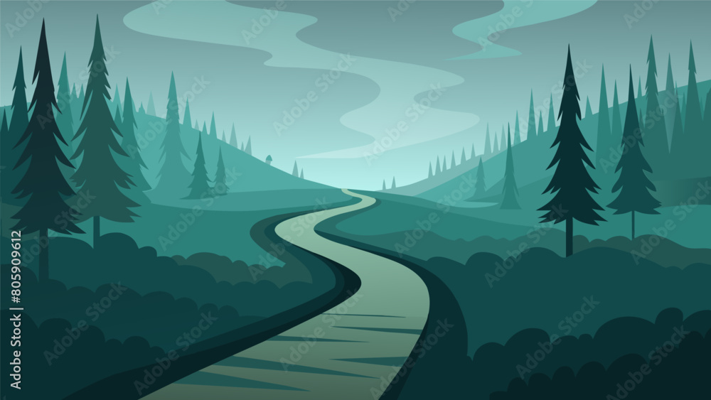 Fototapeta premium The trail winds through thick fog and dense forests mirroring the mental and emotional turmoil that accompanies the pursuit of Stoic virtues.. Vector illustration