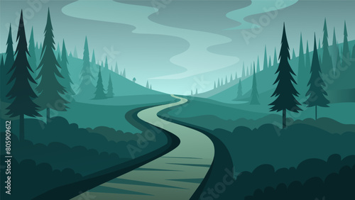 The trail winds through thick fog and dense forests mirroring the mental and emotional turmoil that accompanies the pursuit of Stoic virtues.. Vector illustration