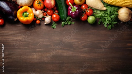 A variety of fresh vegetables are arranged on a wooden table