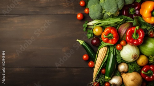 A variety of fresh vegetables are arranged on a wooden table