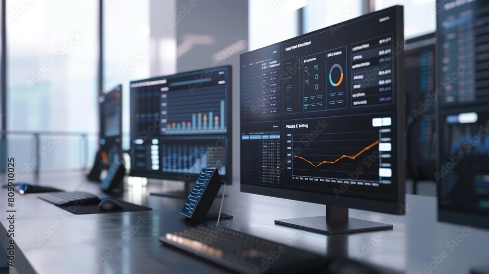 Analysts use computers and dashboards for business analysis, data and data management systems with KPIs and indicators connected to databases for technology finance. Analysts use computers and dashboards for business analysis, data and data management systems with KPIs and indicators connected to databases for technology finance.