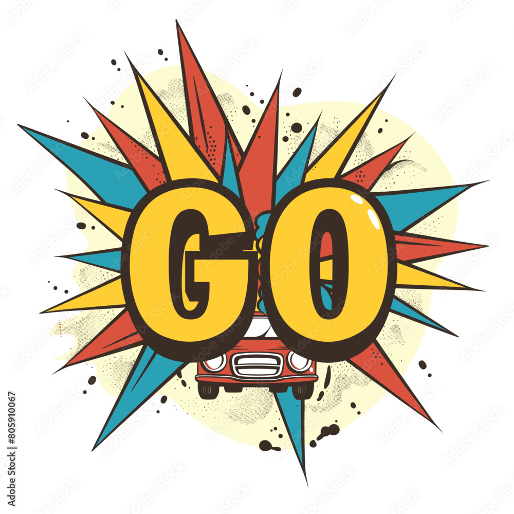 Comic style word GO explodes out car grill headlights bottom, retro colors. Bold, dynamic action illustration evoking sense starting race quick departure. Vibrant sunburst background enhances motion Comic style word GO explodes out car grill headlights bottom, retro colors. Bold, dynamic action illustration evoking sense starting race quick departure. Vibrant sunburst background enhances motion