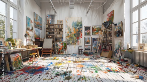 A messy art studio with a lot of paintings and books