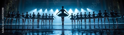 Russian Ballet Ensemble Performing a Classical Swan Lake Production on Stage with Dramatic Lighting