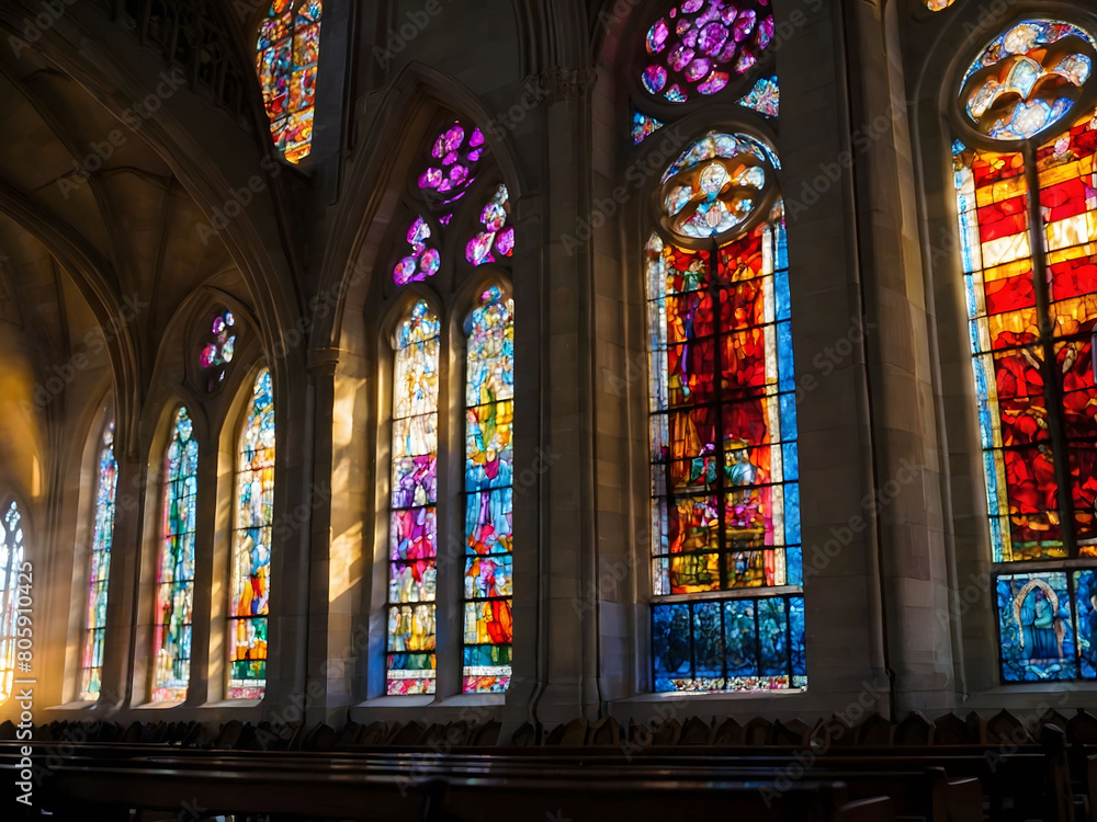 Majestic Sunlit Aura, Bright Sunlight Filtering Through Cathedral's Stained Glass Window, Enveloping the Aisle in Vibrant Hues.
