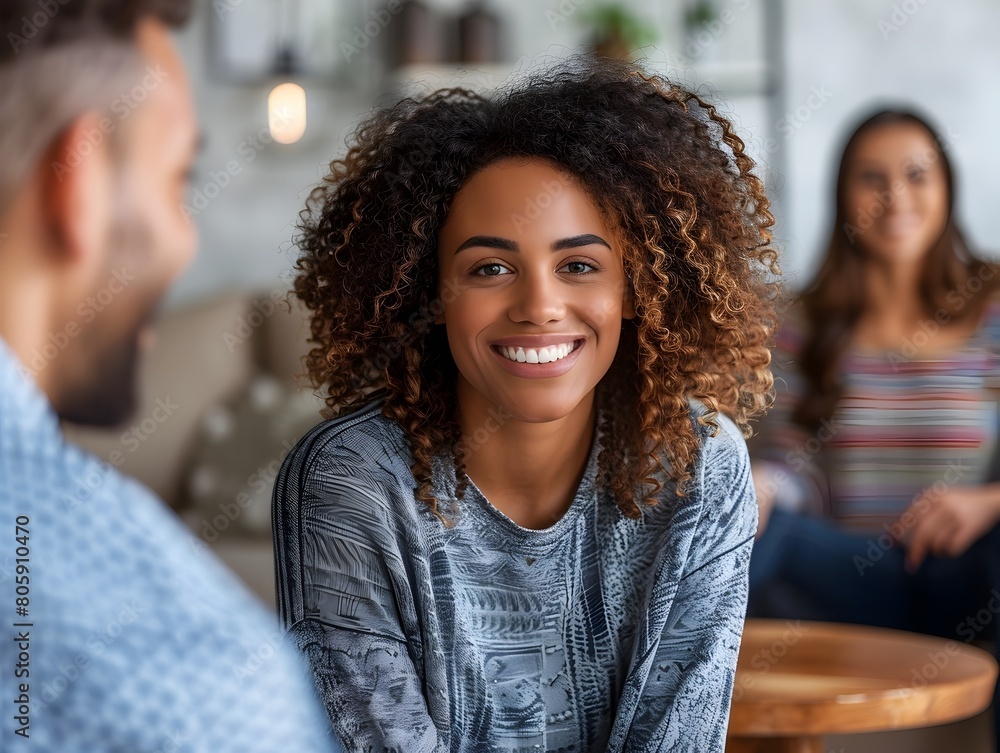 Smiling Woman During Relationship Counseling Session with Copy Space Smiling Woman During Relationship Counseling Session with Copy Space