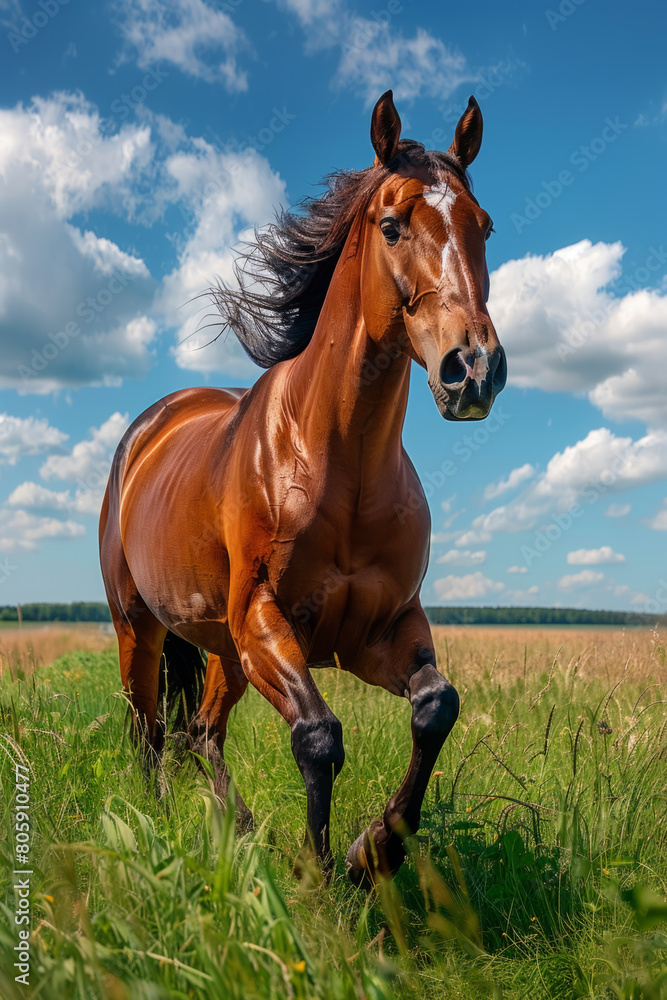 Obraz premium Beautiful horse running freely in lush field under blue sky.